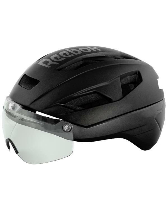 Reebok adult cycling helmet in black, lightweight sport and outdoor helmet designed for road biking, with adjustable straps.