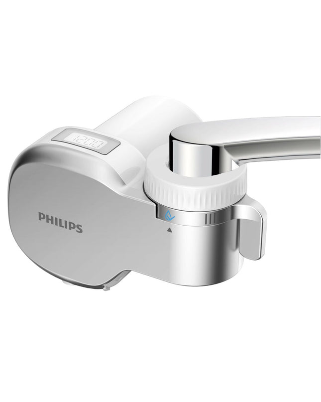 Philips AWP3756P1/10 kitchen faucet filter for clean drinking water, shown attached to a kitchen tap.