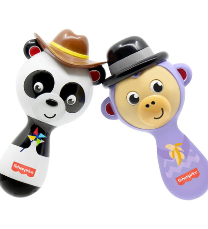 Fisher-Price plastic maracas musical toy for kids, colorful handheld percussion instrument with bright handles and textured surface.