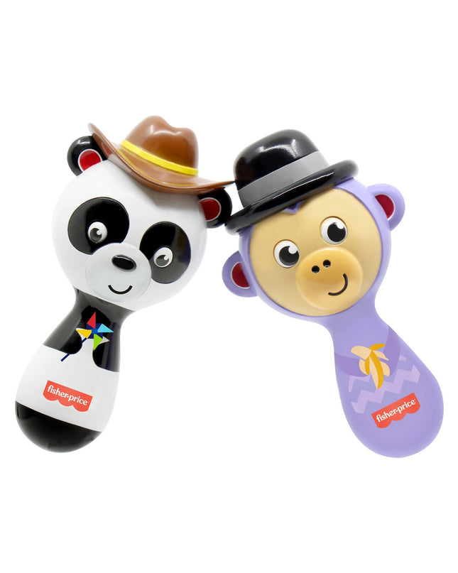 Fisher-Price plastic maracas musical toy for kids, colorful handheld percussion instrument with bright handles and textured surface.