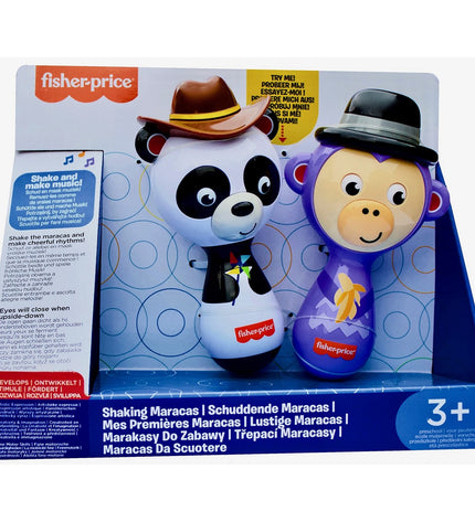 Fisher-Price plastic maracas, colorful musical toys for children, featuring bright handles and vibrant bead rattles.