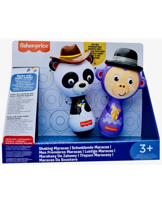 Fisher-Price plastic maracas, colorful musical toys for children, featuring bright handles and vibrant bead rattles.