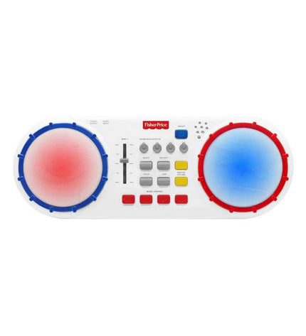 Fisher-Price plastic drum toy for children, colorful children’s musical instrument with drumsticks and vibrant design.