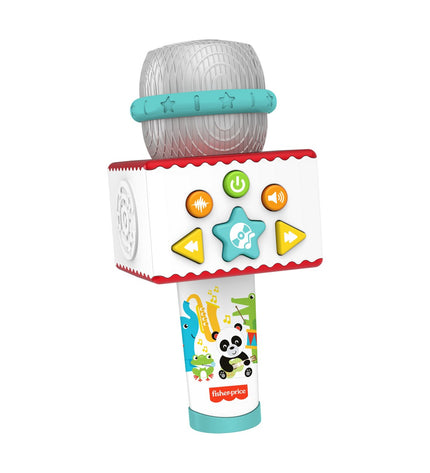 Fisher-Price karaoke microphone toy with colorful animal design for children, part of musical toys and games collection.
