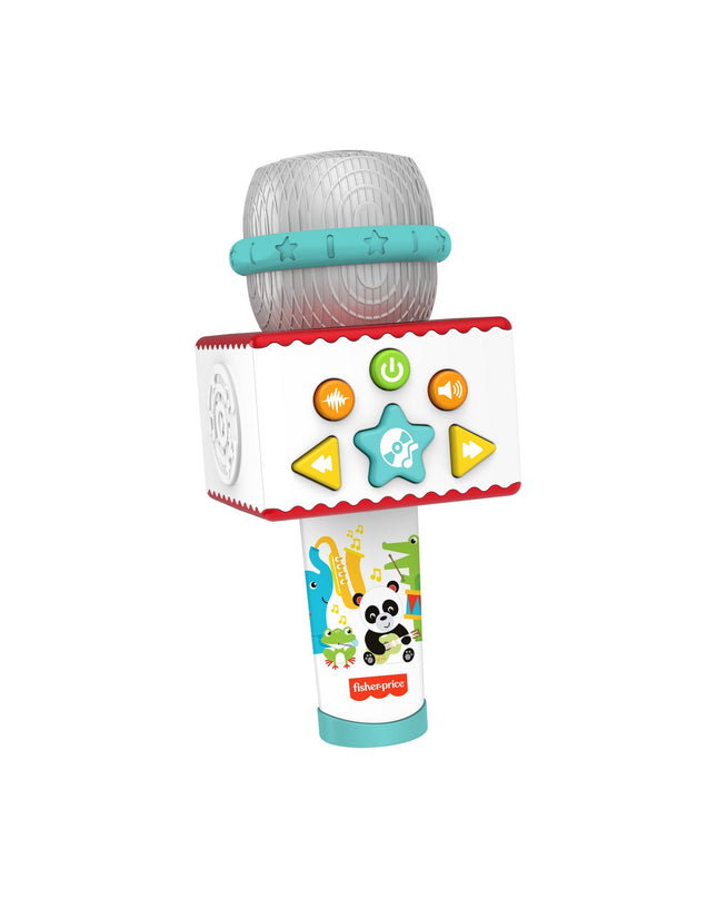 Fisher-Price karaoke microphone toy with colorful animal design for children, part of musical toys and games collection.