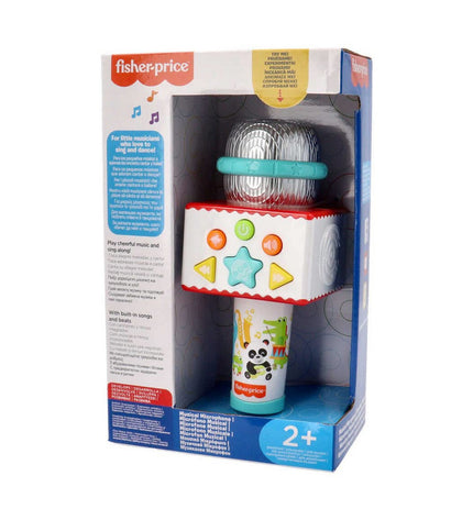 Fisher-Price karaoke microphone toy featuring colorful animal designs for children, part of musical toys and games.