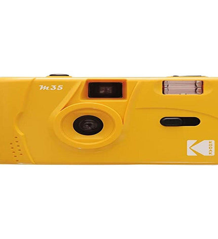 Kodak M35 yellow film camera with compact design, lens, viewfinder, and shutter button for instant photography.