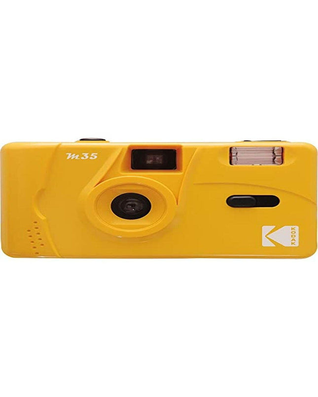 Kodak M35 yellow film camera with compact design, lens, viewfinder, and shutter button for instant photography.