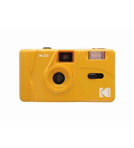 Kodak M35 yellow camera, compact film camera with lens and viewfinder, designed for easy photography.
