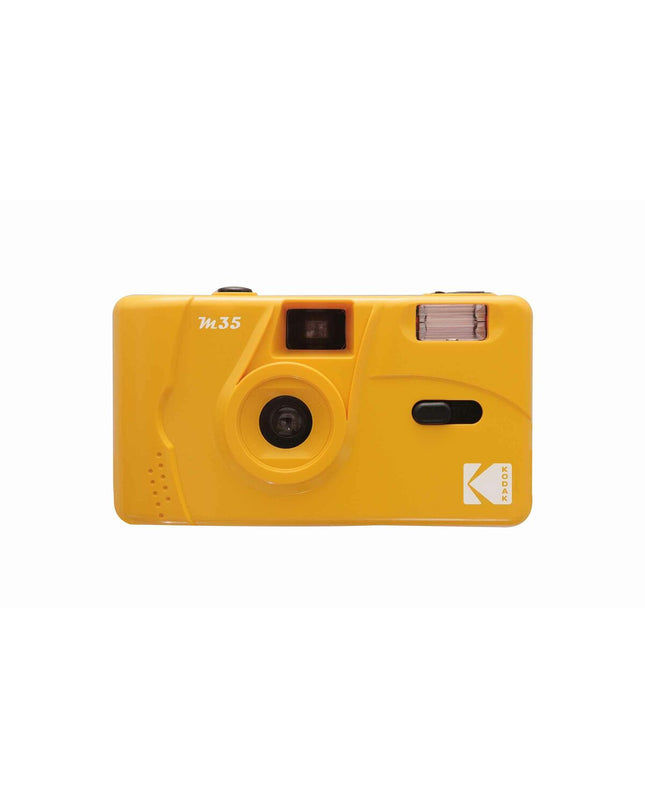 Kodak M35 yellow camera, compact film camera with lens and viewfinder, designed for easy photography.