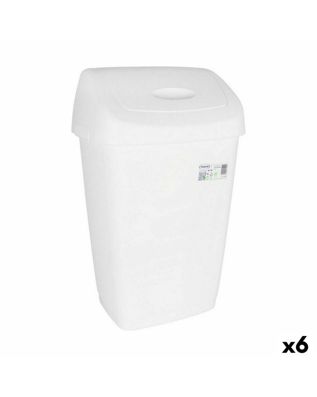 Set of six Tontarelli Aurora 50L white rectangular trash bins for home and kitchen storage, with hinged lids.