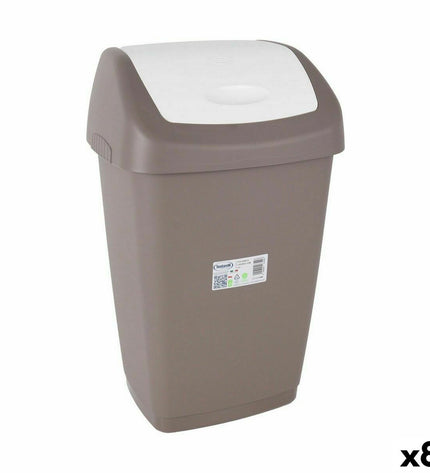 Set of 8 brown Tontarelli Aurora waste bins for household storage and organization, shown stacked with open lids.