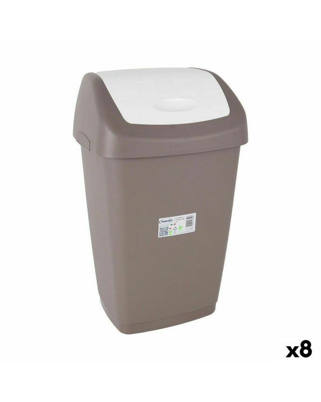 Set of 8 brown Tontarelli Aurora waste bins for household storage and organization, shown stacked with open lids.