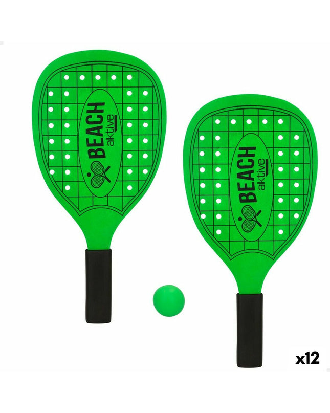 Set of 12 neon wooden balance paddles by Aktive, 20 x 40 cm, used for outdoor games and sports activities.