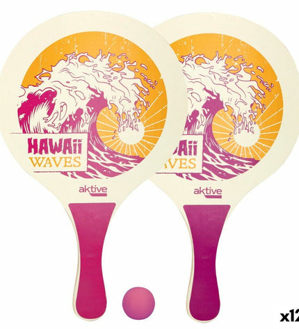 Set of 12 Aktive Hawai wood strand paddles, 23.5 x 38 cm, for outdoor games and sports, featuring colorful Bal Active design.