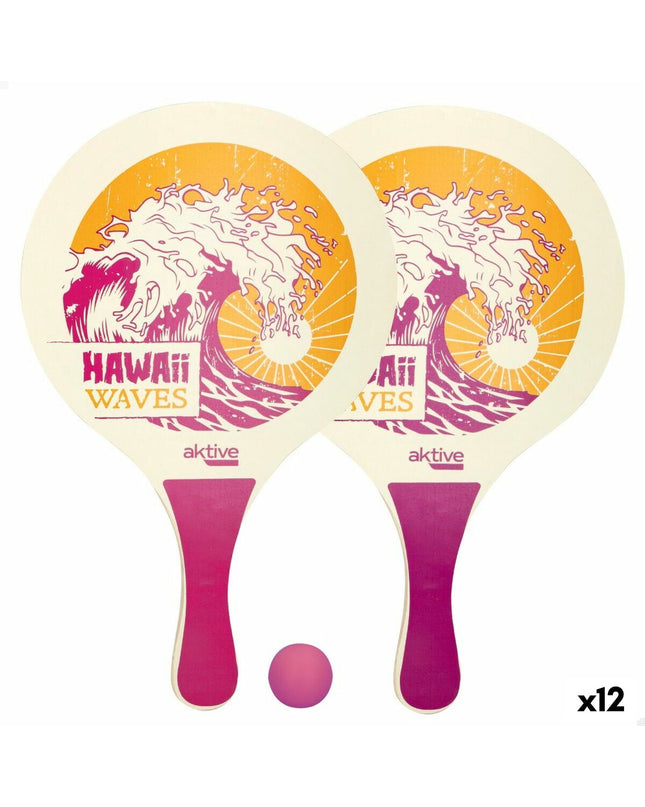 Set of 12 Aktive Hawai wood strand paddles, 23.5 x 38 cm, for outdoor games and sports, featuring colorful Bal Active design.