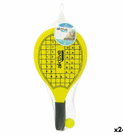 Set of 24 Aktive wooden strand scoops with ball, 20.5 x 39.5 cm, designed for outdoor play and sports activities.