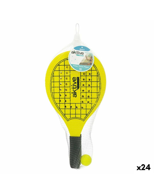 Set of 24 Aktive wooden strand scoops with ball, 20.5 x 39.5 cm, designed for outdoor play and sports activities.