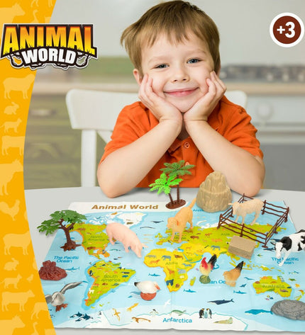 Colorbaby farm animal figures set with 19 plastic animal toys, including cows, pigs, and chickens, each about 13 x 8 x 3 cm.
