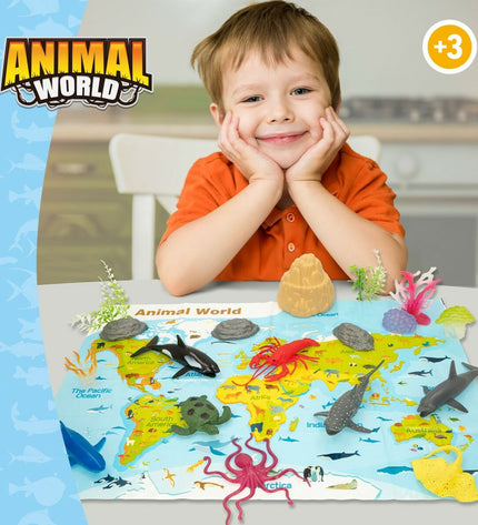 Colorbaby ocean animal figures set with 19 plastic pieces, including colorful sea creatures, for children’s play and imaginative fun.