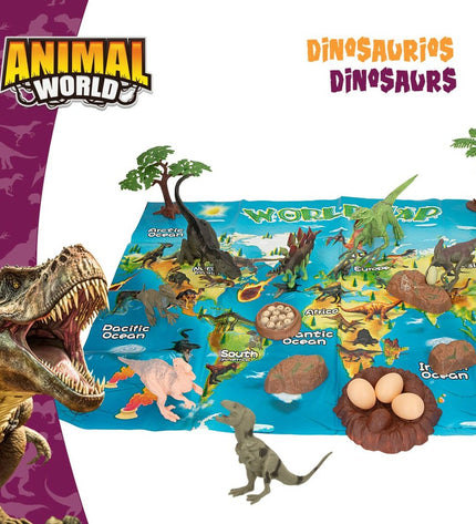 Colorbaby dinosaur playset with 19 pieces, 6 figures, measuring 17x9x6 cm, featuring colorful dinosaur toys for children.