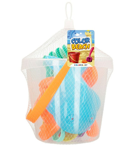 Colorbaby strandspeelgoedset with 24 colorful pieces, 18 cm diameter, for outdoor play and sensory fun.