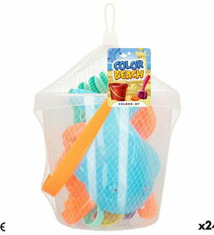 Colorbaby strand speelgoedset with 24 colorful plastic pieces, 18 cm diameter, designed for outdoor play and children's games.