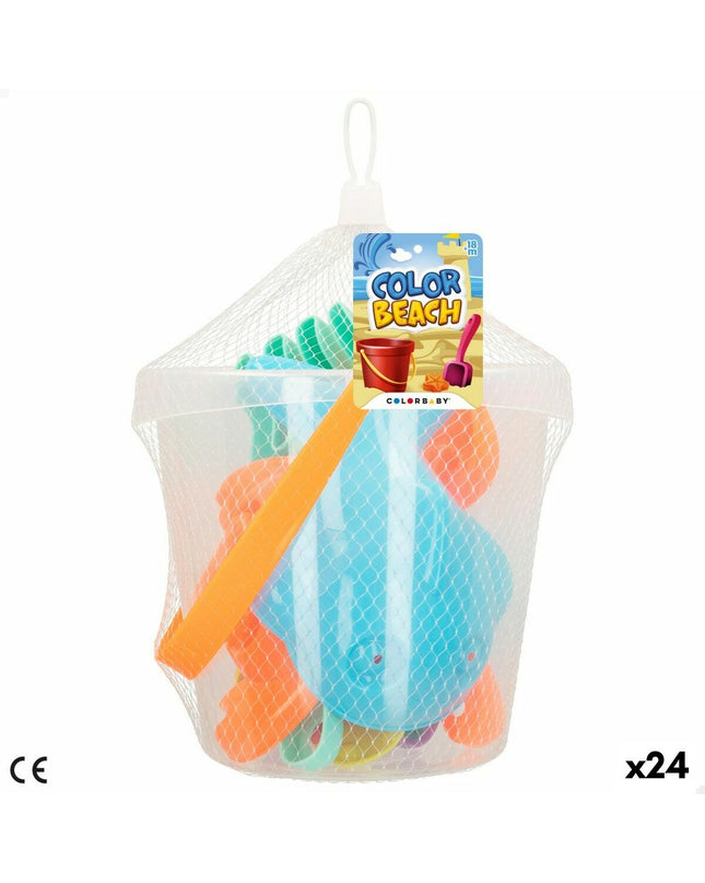 Colorbaby strand speelgoedset with 24 colorful plastic pieces, 18 cm diameter, designed for outdoor play and children's games.