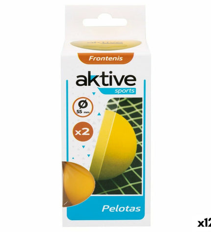 Set of 12 Aktive frontenis balls, 55 cm diameter, suitable for tennis and outdoor sports, with two additional parts included.