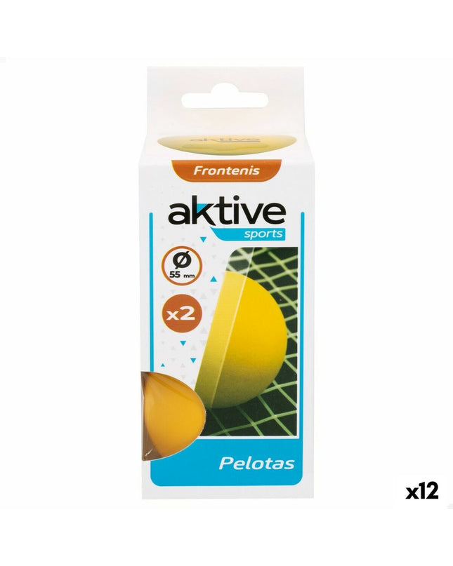 Set of 12 Aktive frontenis balls, 55 cm diameter, suitable for tennis and outdoor sports, with two additional parts included.