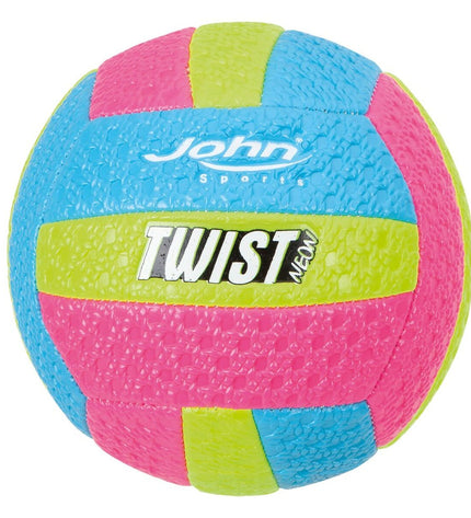 Set of five John Sports volleyballs, 22 cm diameter, for outdoor sports, with visible textured surface and colorful design.