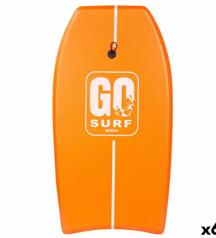 Aktive BodyBoard 48x94x5.5 cm for watersports, showing a blue and white bodyboard on a sandy beach, perfect for outdoor water fun.