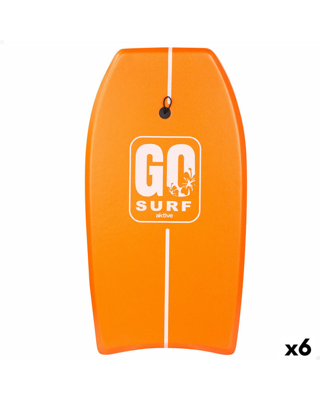 Aktive BodyBoard 48x94x5.5 cm for watersports, showing a blue and white bodyboard on a sandy beach, perfect for outdoor water fun.