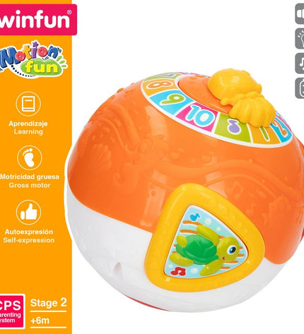 Set of four Winfun music toys for babies, colorful square-shaped toys measuring 15x15 cm, designed for young children’s play.