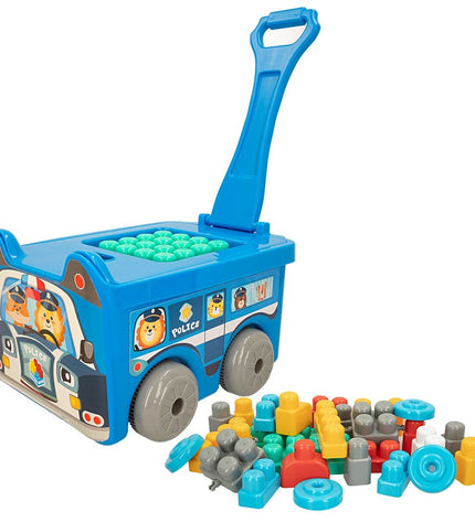Color Block police car toy set with 30 colorful building blocks, including two police vehicle models, for kids' construction play.
