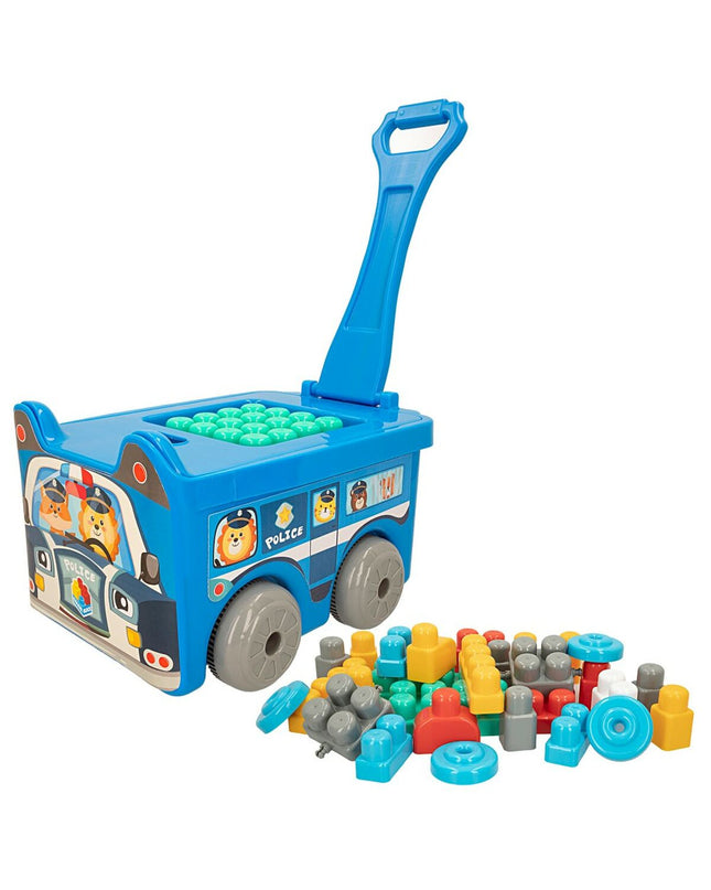 Color Block police car toy set with 30 colorful building blocks, including two police vehicle models, for kids' construction play.
