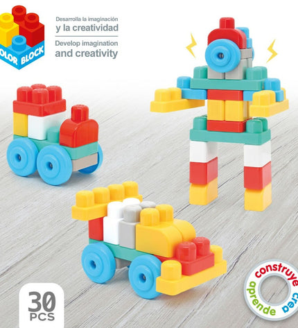 Color Block police car building toy set with 30 colorful brick pieces, includes two police car models for kids' play.