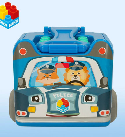 Color Block police car toy set with 30 colorful building blocks, featuring two police car models for creative play.
