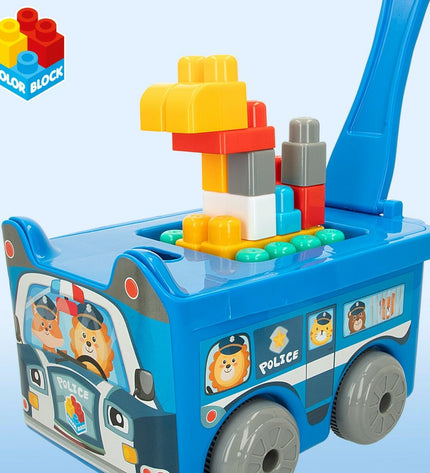Color Block police car building toys with 30 colorful blocks, includes 2 sets of police vehicle construction pieces.