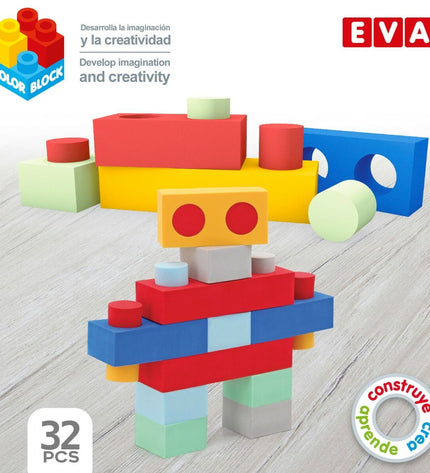 Color Block EVA building blocks set with 32 colorful pieces for creative play, shown in a close-up image.