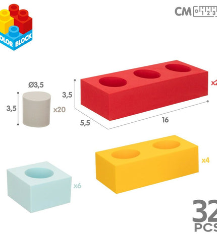 Color Block EVA building blocks set with 32 colorful pieces for creative play, shown in a close-up image.