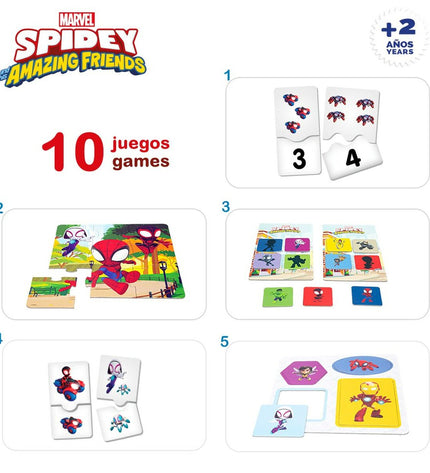 Set of six Spidey educational games, 24.5 cm each, featuring colorful Spider-Man themed play and learning activities.