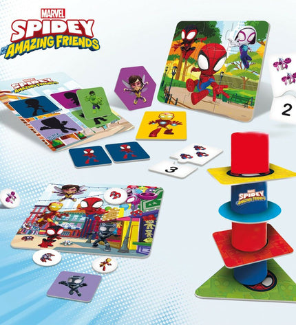 Set of six Spidey educational game pieces, 24.5 cm by 0.2 cm, colorful and fun, designed for children's play and learning.