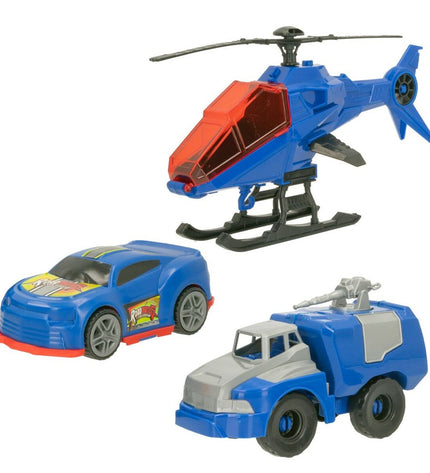 Set of six Colorbaby police toy vehicles with three different parts, designed for children’s play and vehicle-themed fun.