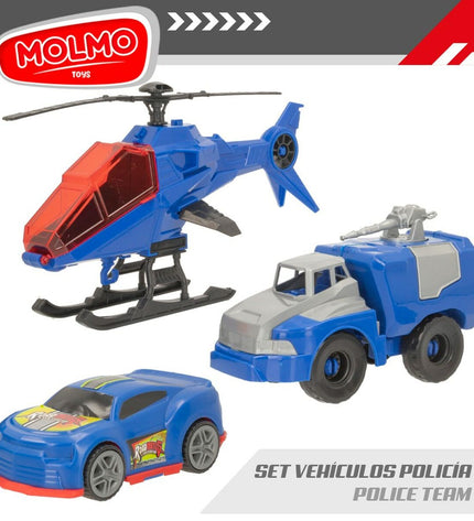 Colorbaby politie speelgoed set with three vehicle parts, including six pieces for kids' play vehicles and game accessories.