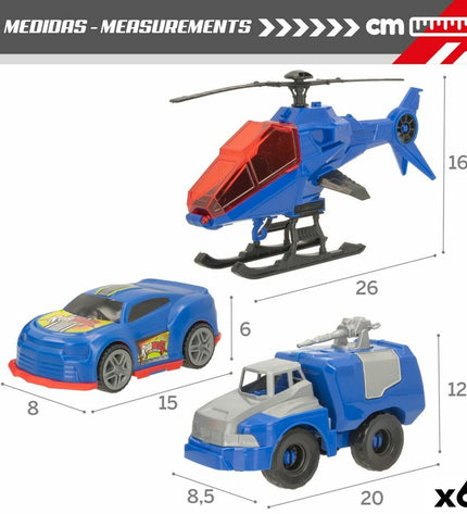 Colorbaby Politie toy set with three police vehicle parts, including six pieces for pretend play and vehicle accessories.