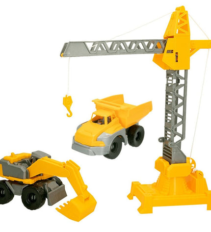 Colorbaby Bouwvoertuigen set with four colorful toy construction vehicles, each measuring 31 x 41 x 9.5 cm, for imaginative play.