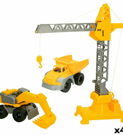 Colorbaby Bouwvoertuigen set with four colorful construction vehicles, including three different types, suitable for kids' play.