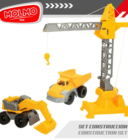 Colorbaby Bouwvoertuigen set of four toy construction vehicles with three parts, colorful plastic play cars for children.