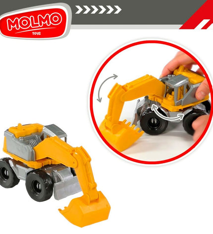 Set of four Colorbaby construction vehicles in red, yellow, and blue, each measuring 31 x 41 x 9.5 cm, for imaginative play.